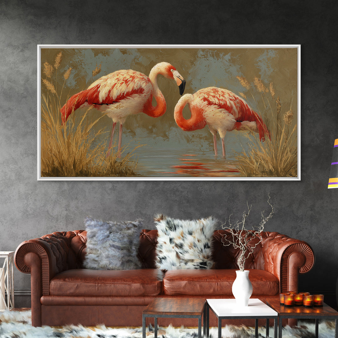 Flamingo Pair Beside Shallow Water Framed Canvas Print, Patio Art, Luxury Decor, Patio Decor, Fine Art, Outdoor, Wall Hanging, PAT-2x1-30