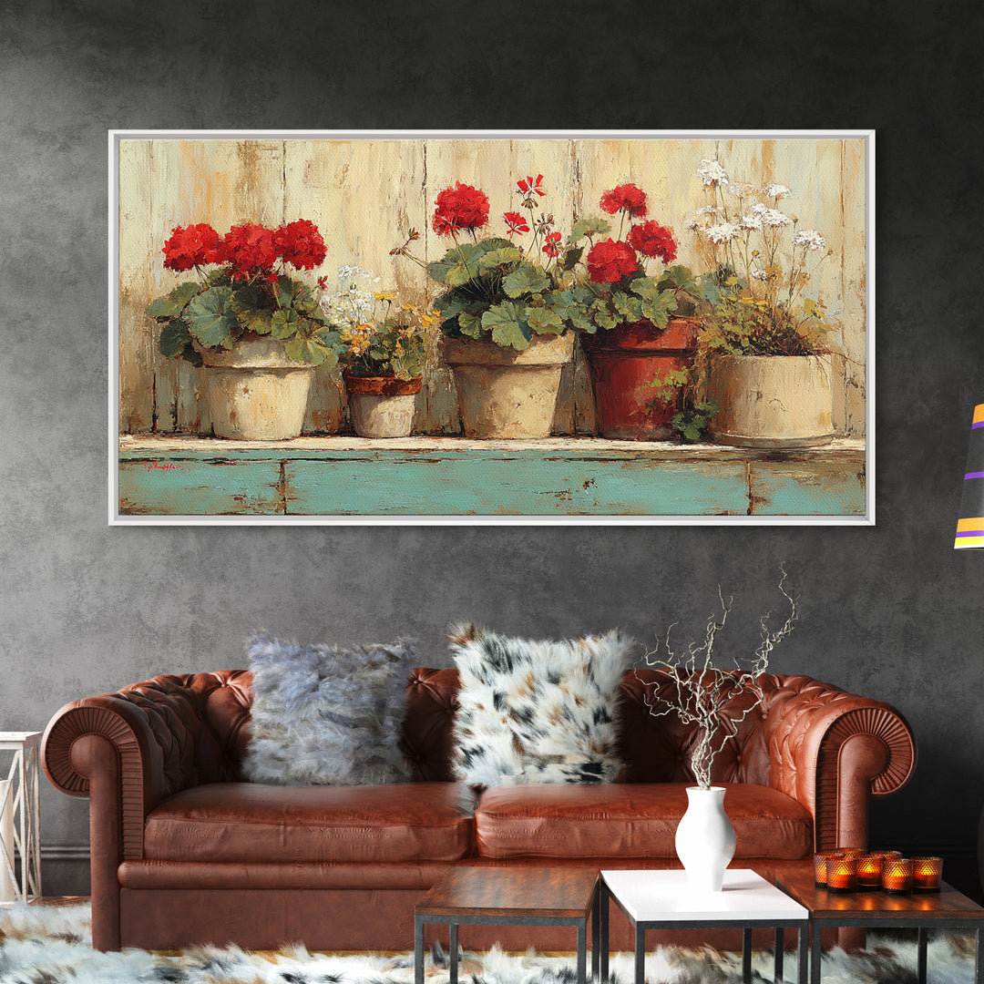 Potted Geraniums in Rustic Clay Pots Framed Canvas Print, Patio Art, Art Print, Patio Decor, Fine Art, Outdoor, Garden Decor, PAT-2x1-34