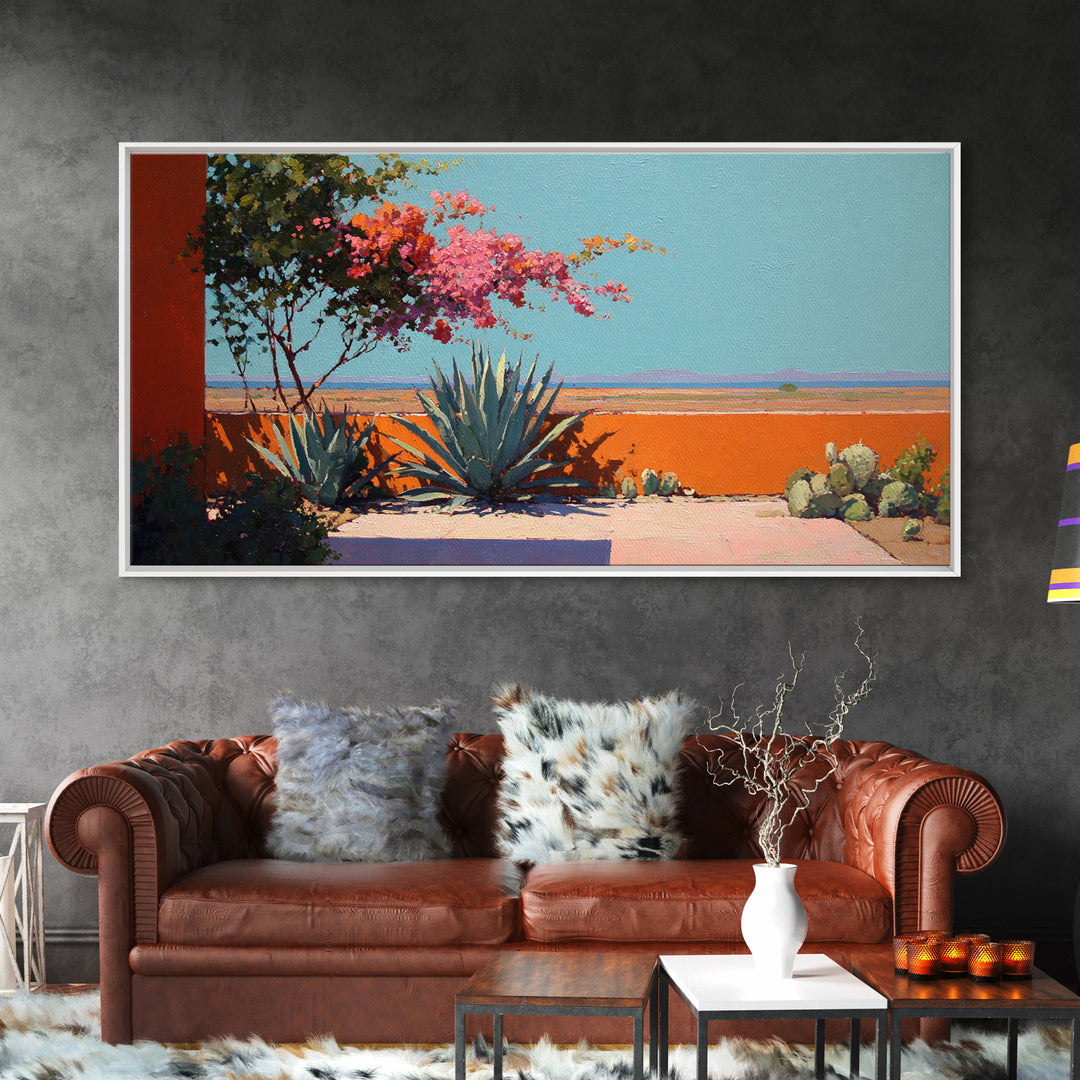Desert Patio Agave and Bougainvillea Framed Canvas Print, Patio Art, Minimalist Decor, Patio Decor, Fine Art, Outdoor, PAT-2x1-37