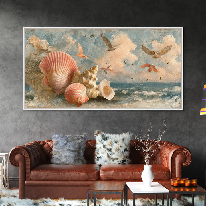 Beachy Shell and Palm Arrangement Canvas Print, Patio Art, Outdoor Decor, Patio Decor, Oil Painting, Outdoor, Bar Art, PAT-2x1-39