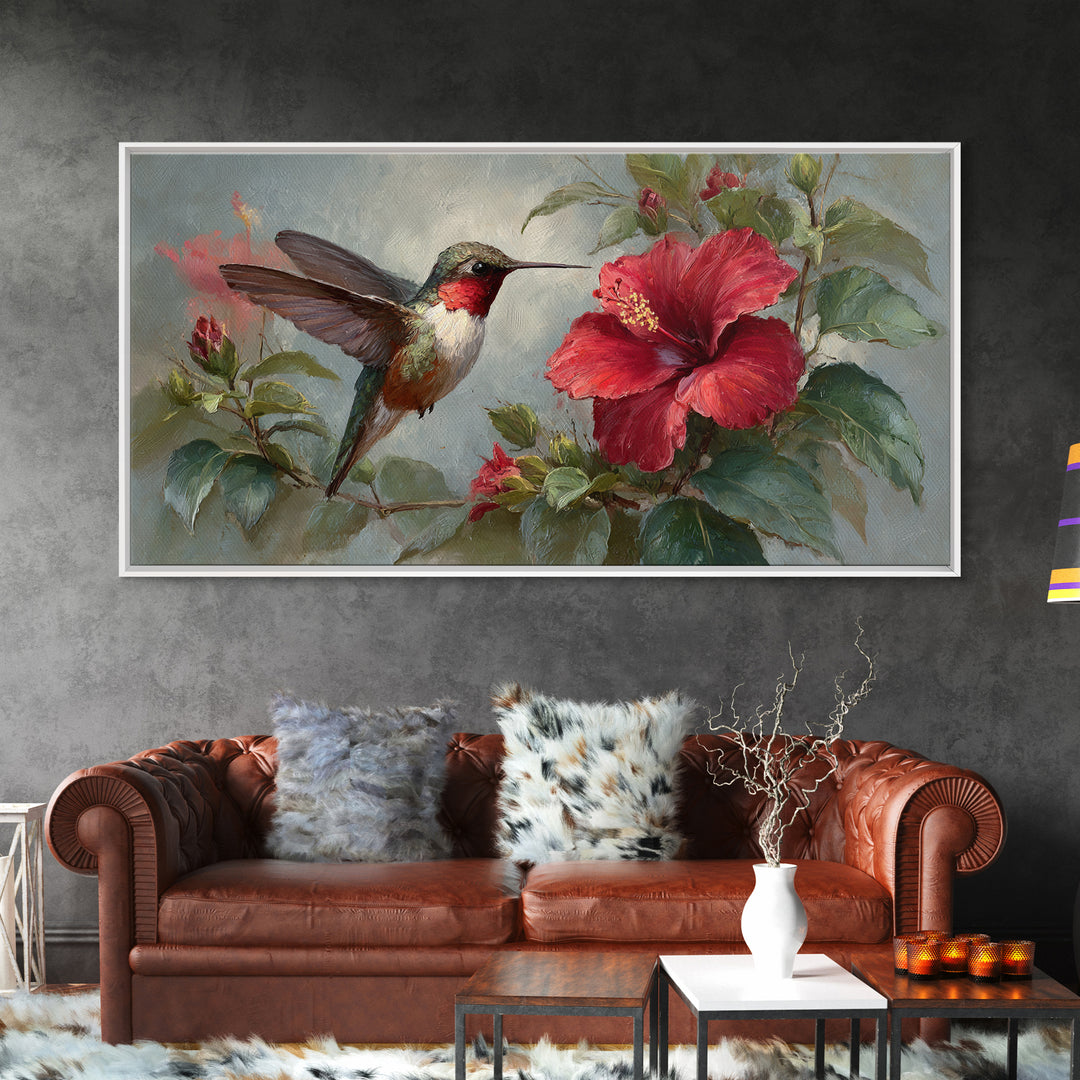 Hummingbird Visiting Bright Hibiscus Canvas Print, Patio Art, Metal Art, Patio Decor, Oil Painting, Outdoor, Patio Cushions, PAT-2x1-47