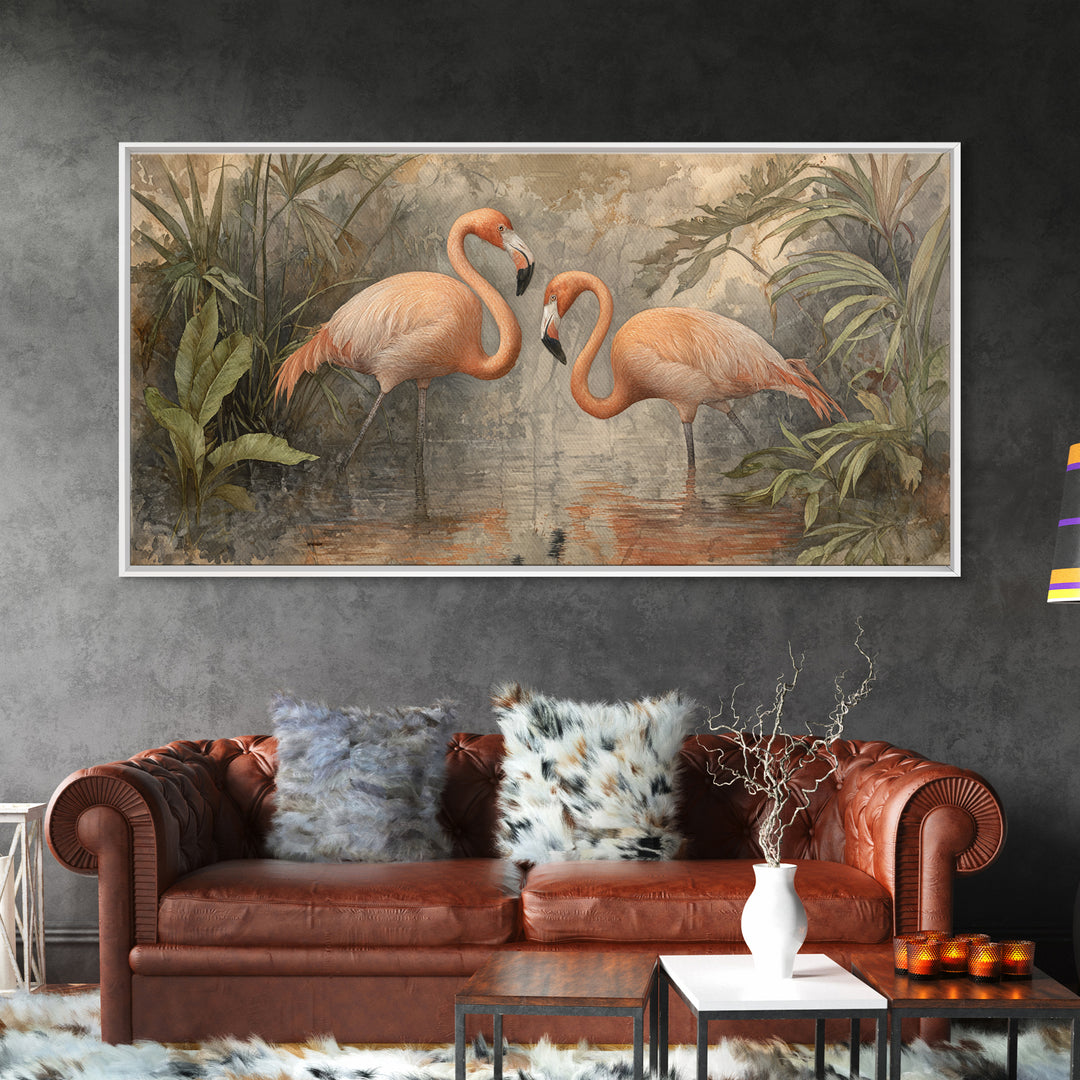 Flamingo Pair Beside Shallow Water Canvas Print, Patio Art, Contemporary Art, Patio Decor, Fine Art, Outdoor, Metal Art, PAT-2x1-54