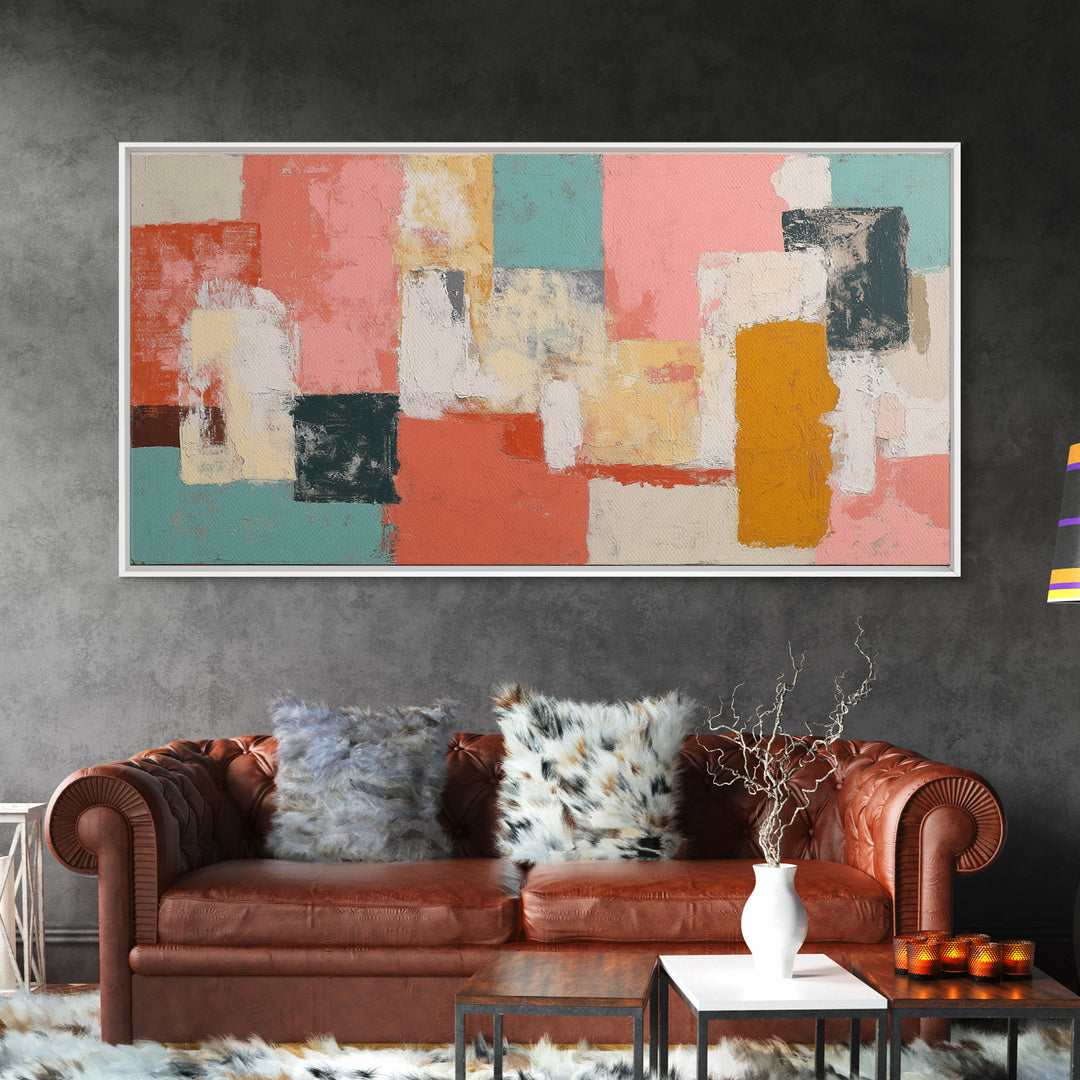 Bright Coral and Turquoise Abstract for Outdoors Framed Canvas Print, Patio Art, Metal Wall Art, Patio Decor, Abstract Art, PAT-2x1-56