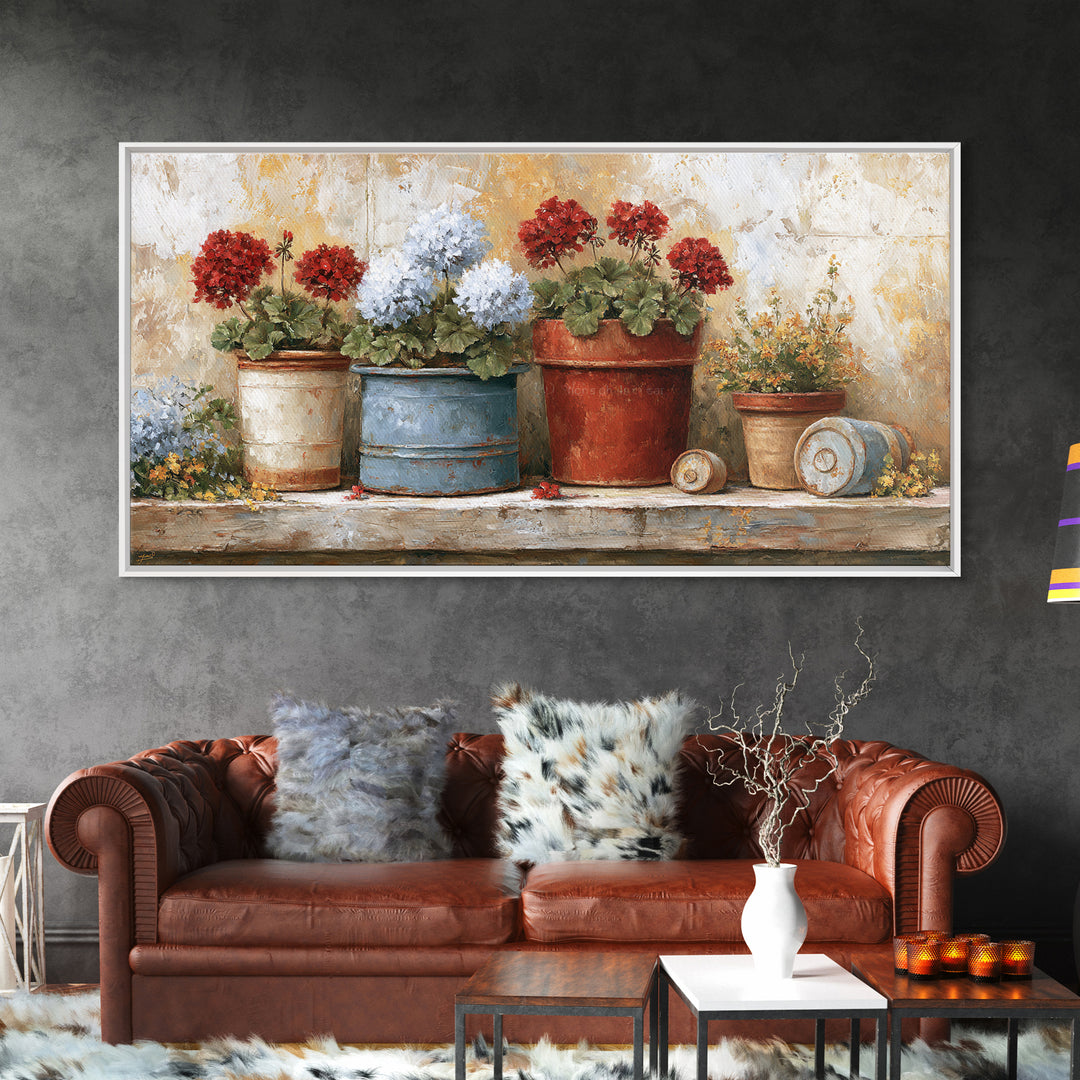 Potted Geraniums in Rustic Clay Pots Canvas Print, Patio Art, Wall Art, Patio Decor, Fine Art, Outdoor, Outdoor Wall Decor, PAT-2x1-58