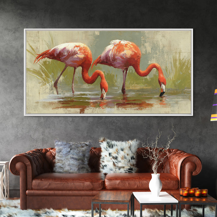 Flamingo Pair Beside Shallow Water Framed Canvas Print, Patio Art, Luxury Decor, Patio Decor, Fine Art, Outdoor, Wall Hanging, PAT-2x1-6