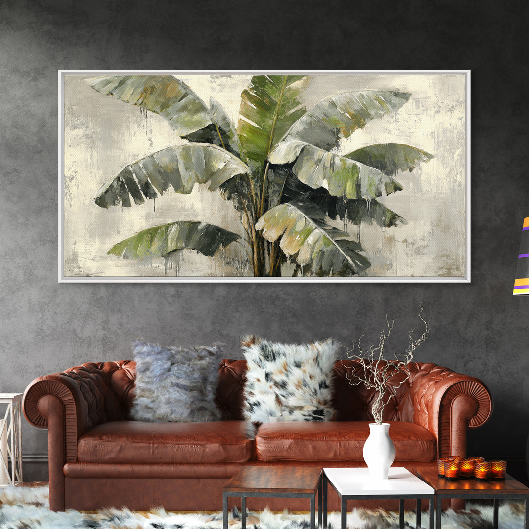 Banana Leaves with Rain Drop Details Framed Canvas Print, Patio Art, Wall Hanging, Patio Decor, Oil Painting, Outdoor, PAT-2x1-60