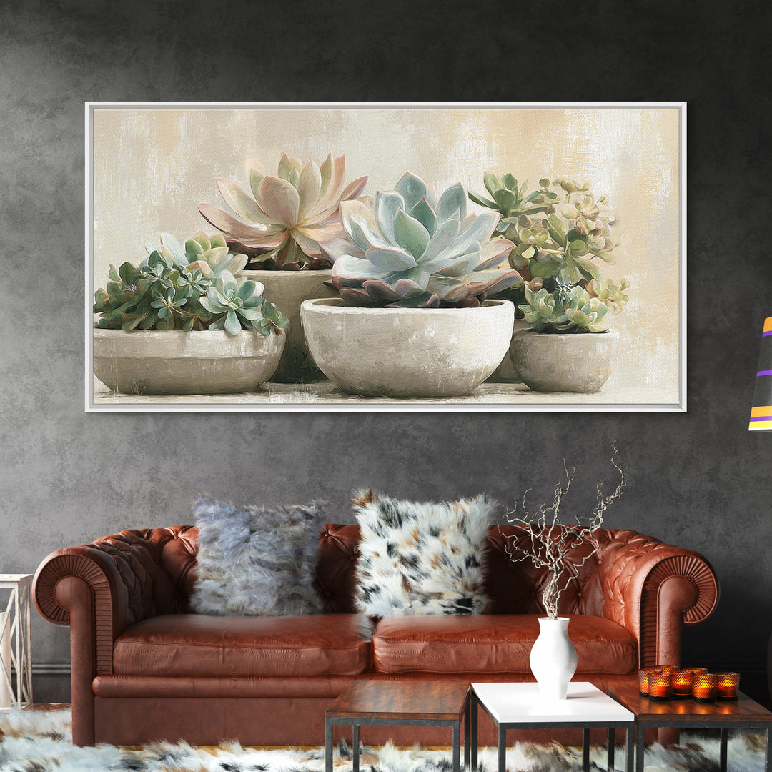 Succulent Collection in Ceramic Planters Framed Canvas Print, Patio Art, Metal Wall Art, Patio Decor, Abstract Art, Outdoor, PAT-2x1-65
