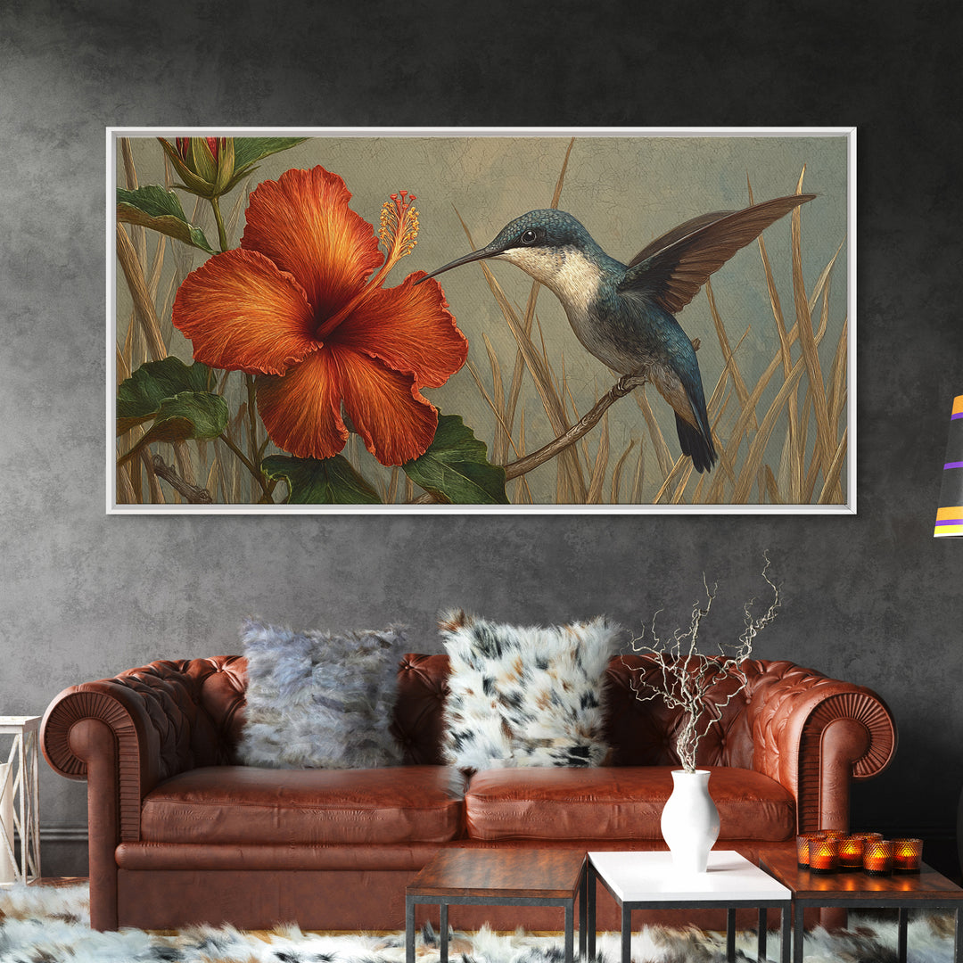 Hummingbird Visiting Bright Hibiscus Canvas Print, Patio Art, Lake House Decor, Patio Decor, Abstract Art, Outdoor, Boho Decor, PAT-2x1-71