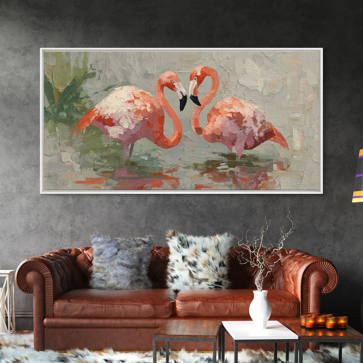 Flamingo Pair Beside Shallow Water Canvas Print, Patio Art, Contemporary Art, Patio Decor, Fine Art, Outdoor, Metal Art, PAT-2x1-78