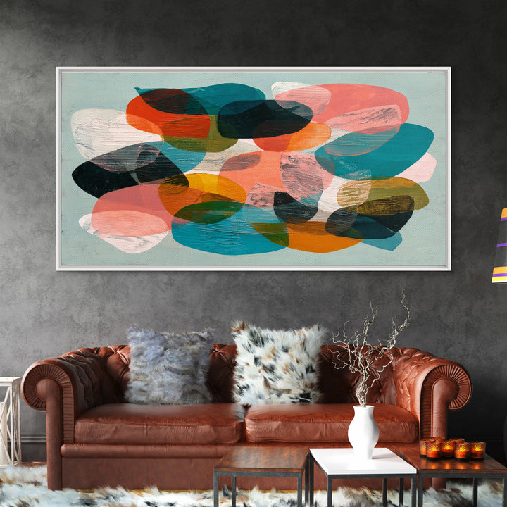Bright Coral and Turquoise Abstract for Outdoors Framed Canvas Print, Patio Art, Luxury Decor, Patio Decor, Abstract Art, PAT-2x1-8