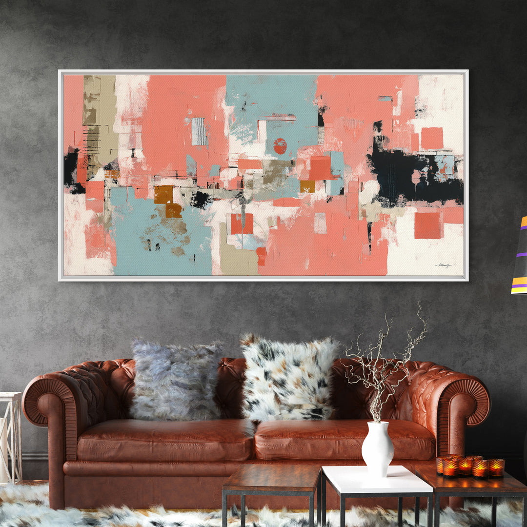 Bright Coral and Turquoise Abstract for Outdoors Framed Canvas Print, Patio Art, Bar Art, Patio Decor, Fine Art, Outdoor, PAT-2x1-80