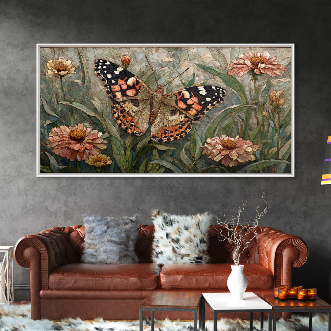 Butterfly Garden with Zinnias and Daisies Framed Canvas Print, Patio Art, Outdoor Wall Art, Patio Decor, Fine Art, Outdoor, PAT-2x1-81