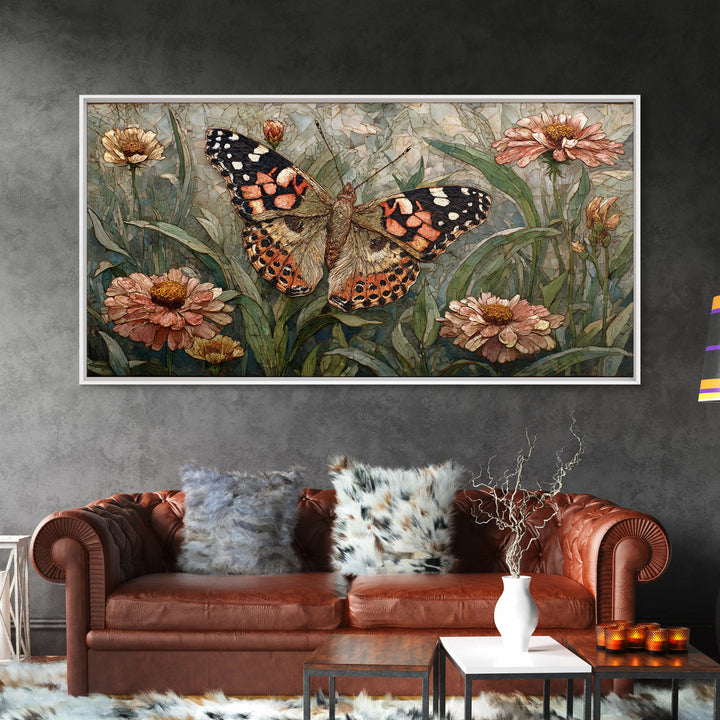 Butterfly Garden with Zinnias and Daisies Framed Canvas Print, Patio Art, Outdoor Wall Art, Patio Decor, Fine Art, Outdoor, PAT-2x1-81