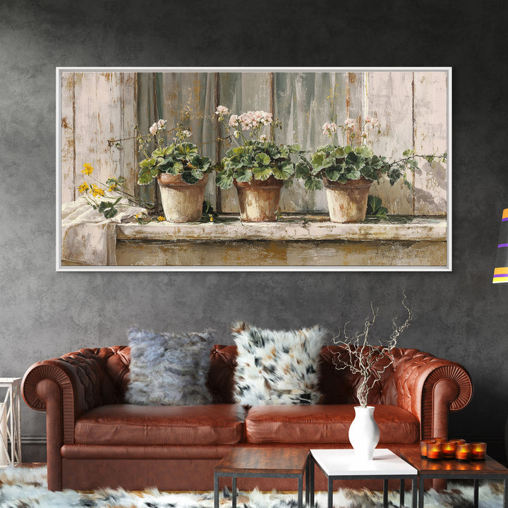 Potted Geraniums in Rustic Clay Pots Canvas Print, Patio Art, Wall Art, Patio Decor, Fine Art, Outdoor, Outdoor Wall Decor, PAT-2x1-82