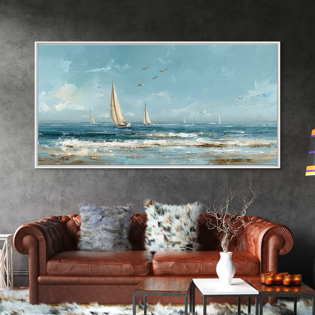 Sailboat on a Breezy Summer Horizon Framed Canvas Print, Patio Art, Contemporary Art, Patio Decor, Oil Painting, Outdoor, PAT-2x1-83