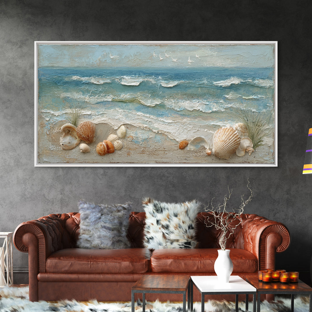 Beachy Shell and Palm Arrangement Framed Canvas Print, Patio Art, Porch Decor, Patio Decor, Fine Art, Outdoor, Fine Art Print, PAT-2x1-87