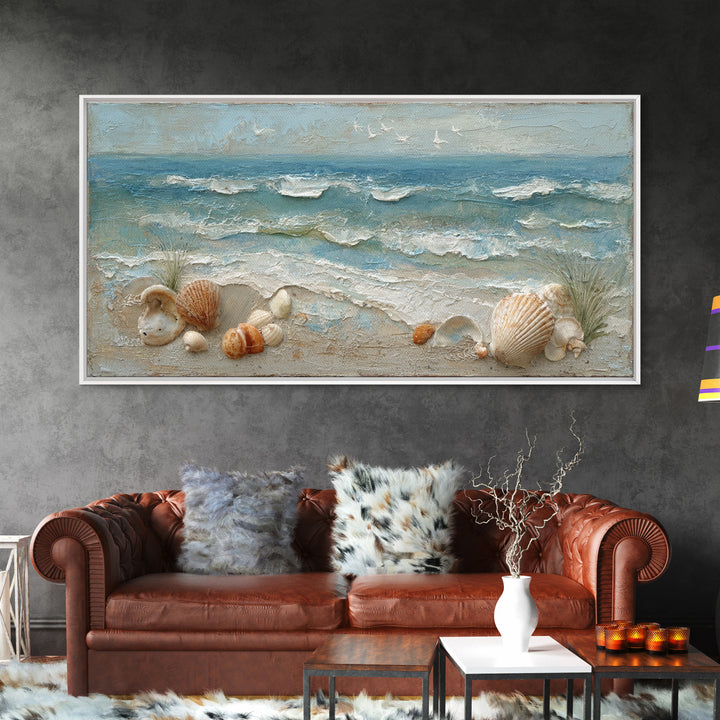 Beachy Shell and Palm Arrangement Framed Canvas Print, Patio Art, Porch Decor, Patio Decor, Fine Art, Outdoor, Fine Art Print, PAT-2x1-87