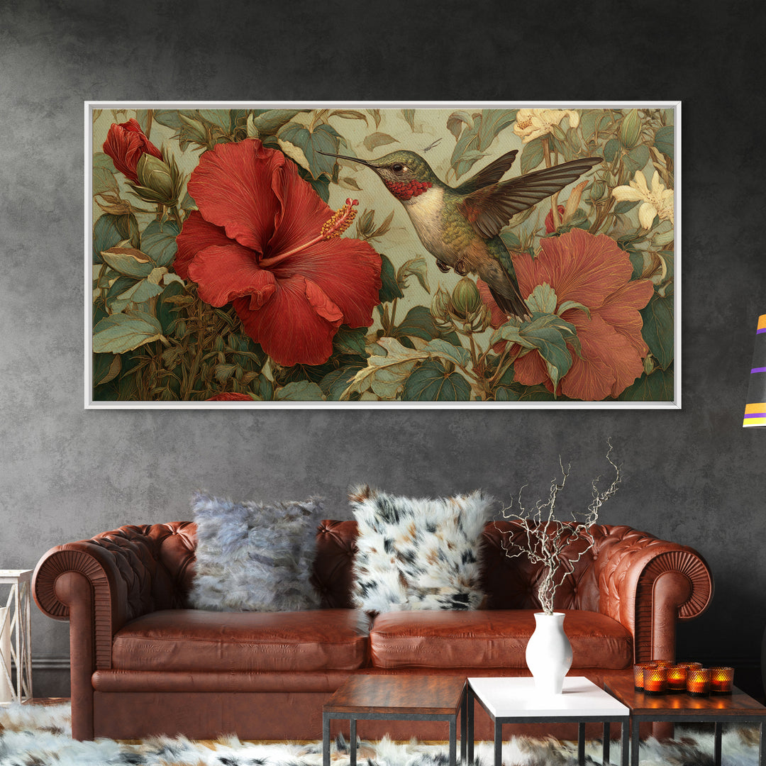 Hummingbird Visiting Bright Hibiscus Framed Canvas Print, Patio Art, Outdoor Art, Patio Decor, Fine Art, Outdoor, PAT-2x1-95