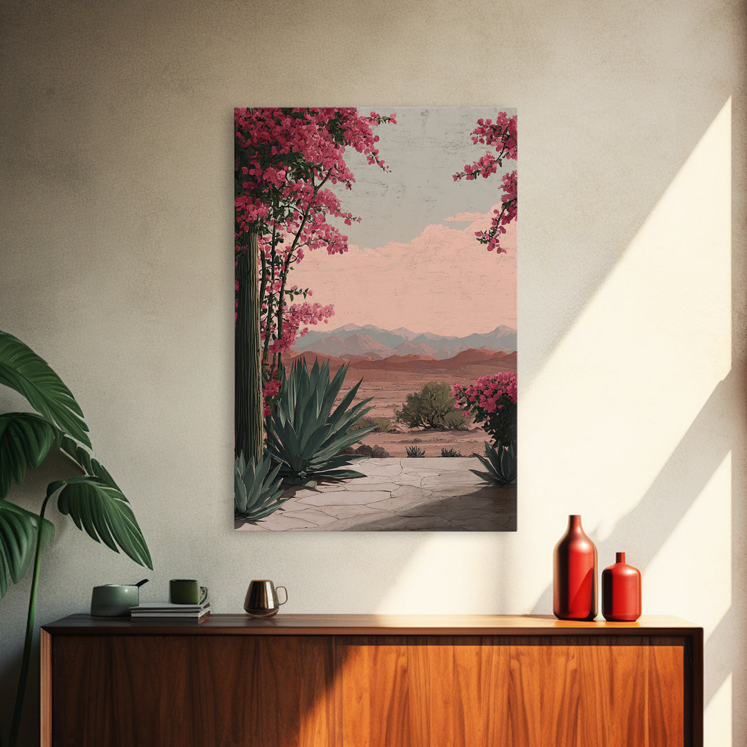 Desert Patio Agave and Bougainvillea Framed Canvas Print, Patio Art, Wall Art, Patio Decor, Oil Painting, Outdoor, PAT-2x3-1