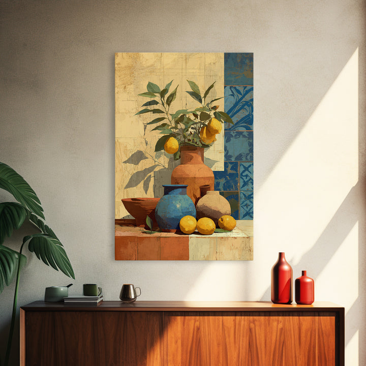 Mediterranean Lemons and Blue Tile Pattern Canvas Print, Patio Art, Luxury Decor, Patio Decor, Fine Art, Outdoor, Wall Hanging, PAT-2x3-10