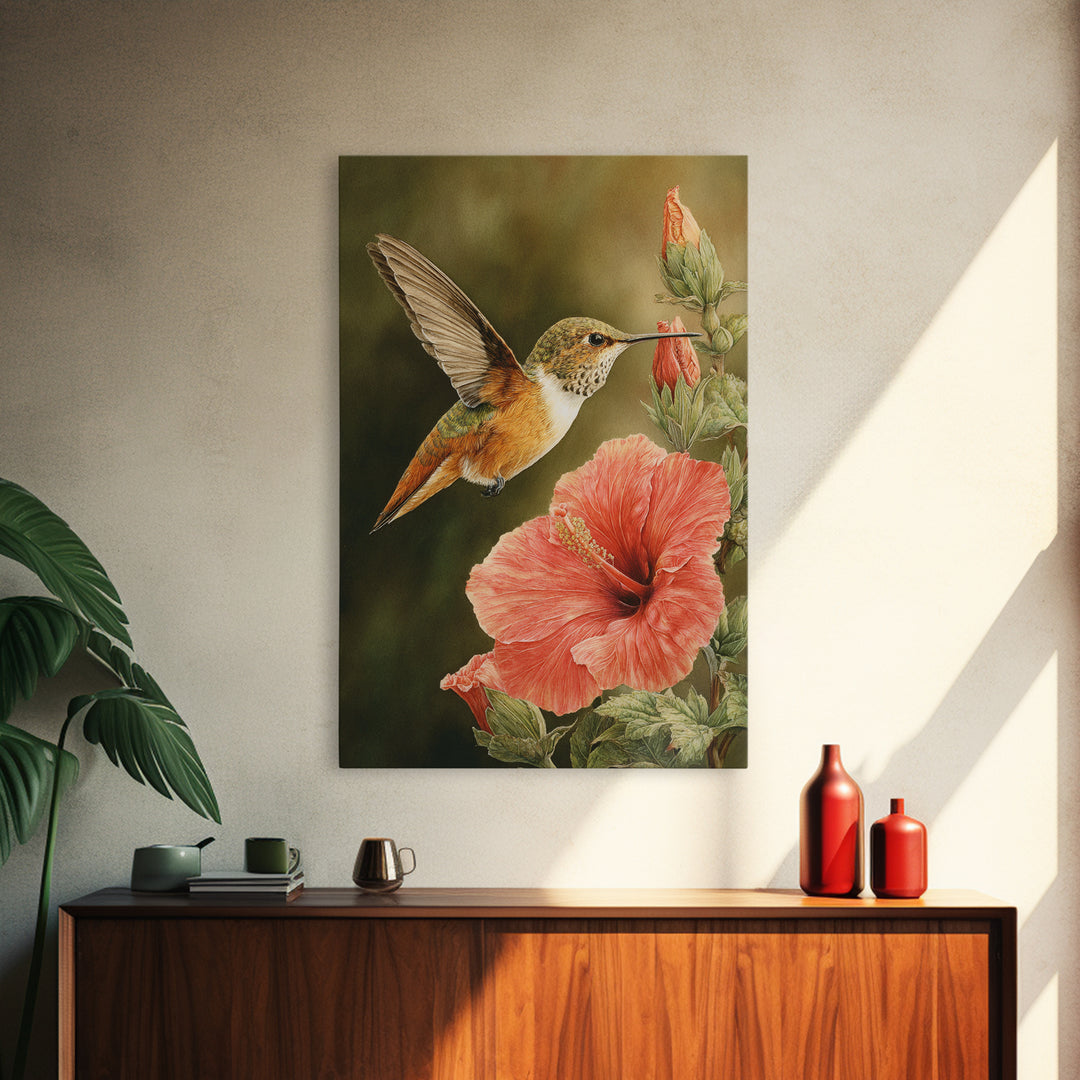 Hummingbird Visiting Bright Hibiscus Canvas Print, Patio Art, Patio, Patio Decor, Abstract Art, Outdoor, Minimalist Decor, PAT-2x3-11