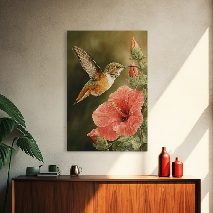 Hummingbird Visiting Bright Hibiscus Canvas Print, Patio Art, Patio, Patio Decor, Abstract Art, Outdoor, Minimalist Decor, PAT-2x3-11
