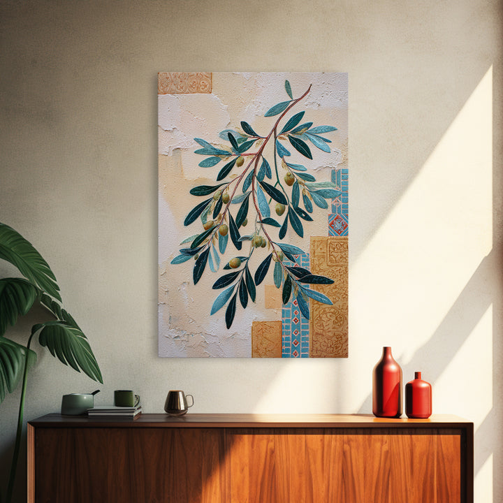 Olive Branch Wreath on Warm Plaster Framed Canvas Print, Patio Art, Outdoor Decor, Patio Decor, Fine Art, Outdoor, Bar Art, PAT-2x3-17