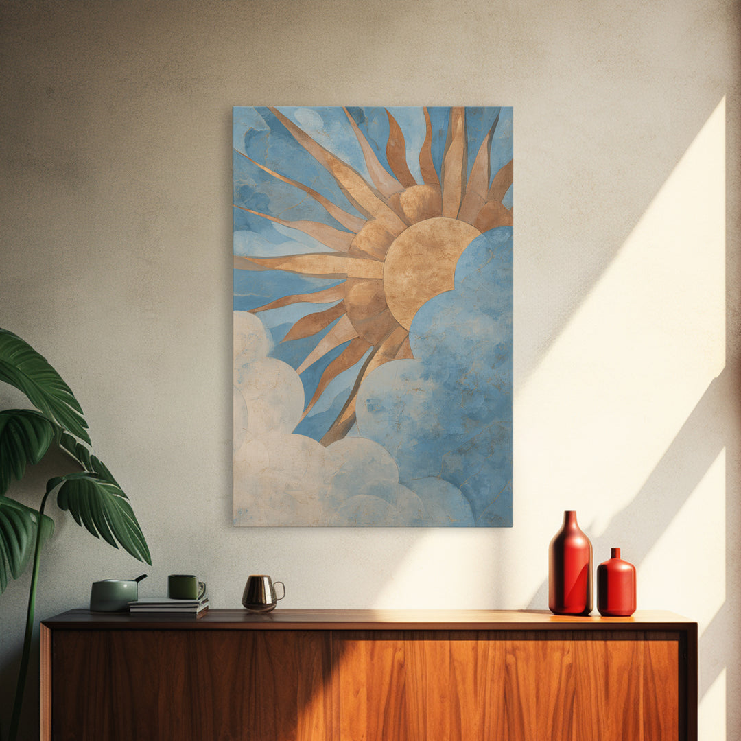 Sun Motif with Warm Terracotta Rays Framed Canvas Print, Patio Art, Boho Decor, Patio Decor, Abstract Art, Outdoor, PAT-2x3-2