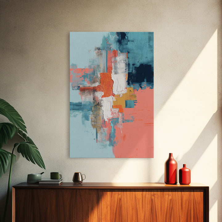 Bright Coral and Turquoise Abstract for Outdoors Framed Canvas Print, Patio Art, Wall Hanging, Patio Decor, Abstract Art, PAT-2x3-20
