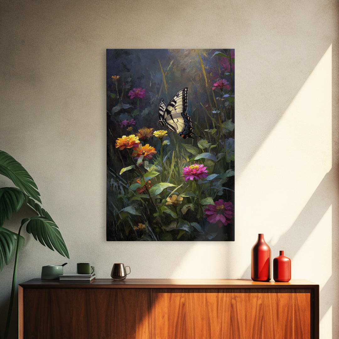 Butterfly Garden with Zinnias and Daisies Framed Canvas Print, Patio Art, Contemporary Art, Patio Decor, Fine Art, Outdoor, PAT-2x3-21