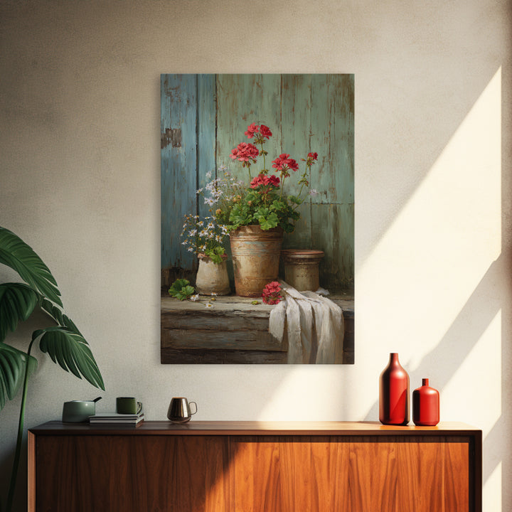 Potted Geraniums in Rustic Clay Pots Framed Canvas Print, Patio Art, Textured Painting, Patio Decor, Fine Art, Outdoor, PAT-2x3-22