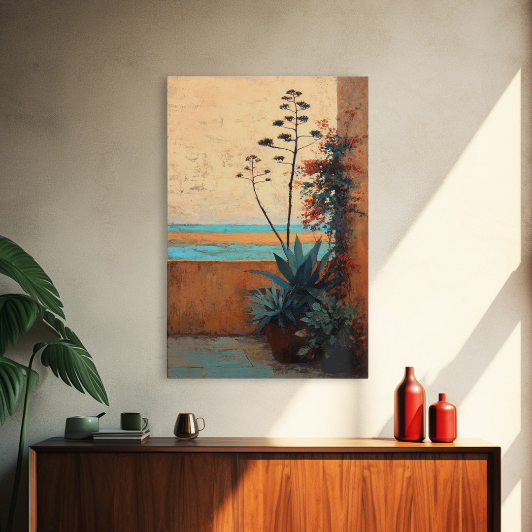 Desert Patio Agave and Bougainvillea Framed Canvas Print, Patio Art, Wall Art, Patio Decor, Oil Painting, Outdoor, PAT-2x3-25