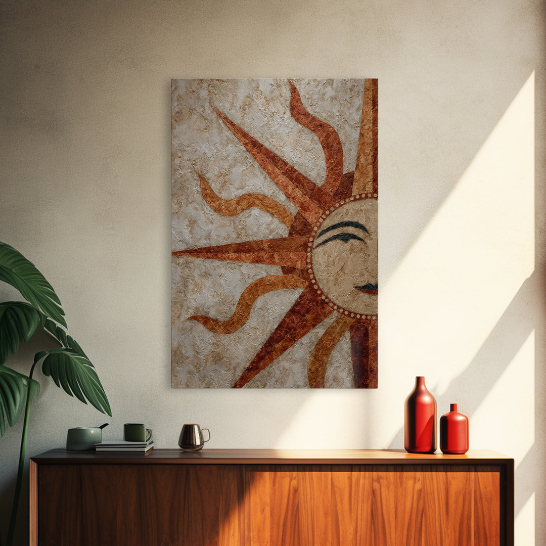 Sun Motif with Warm Terracotta Rays Framed Canvas Print, Patio Art, Boho Decor, Patio Decor, Abstract Art, Outdoor, PAT-2x3-26