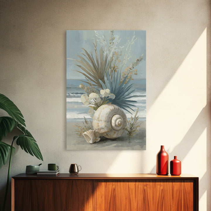 Beachy Shell and Palm Arrangement Framed Canvas Print, Patio Art, Rustic Decor, Patio Decor, Fine Art, Outdoor, PAT-2x3-3