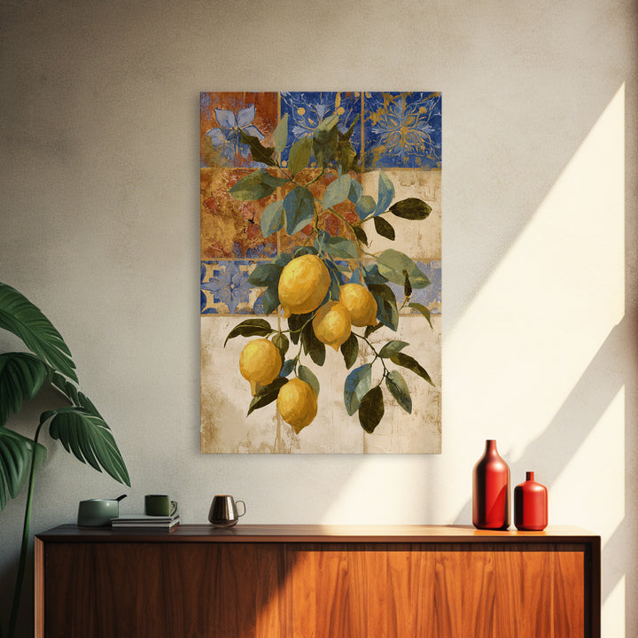 Mediterranean Lemons and Blue Tile Pattern Framed Canvas Print, Patio Art, Contemporary Art, Patio Decor, Fine Art, Outdoor, PAT-2x3-34