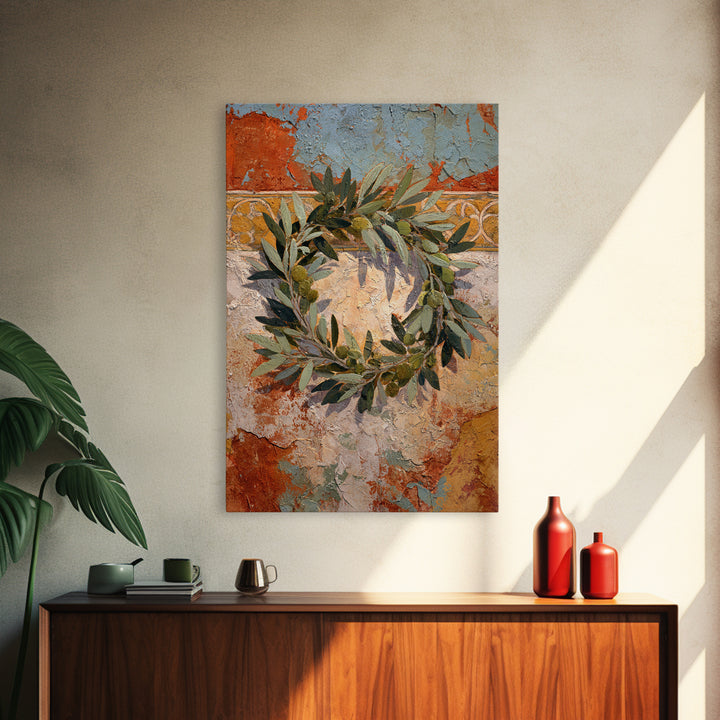 Olive Branch Wreath on Warm Plaster Framed Canvas Print, Patio Art, Outdoor Decor, Patio Decor, Fine Art, Outdoor, Bar Art, PAT-2x3-41