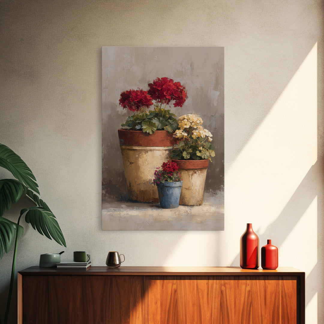 Potted Geraniums in Rustic Clay Pots Framed Canvas Print, Patio Art, Textured Painting, Patio Decor, Fine Art, Outdoor, PAT-2x3-46