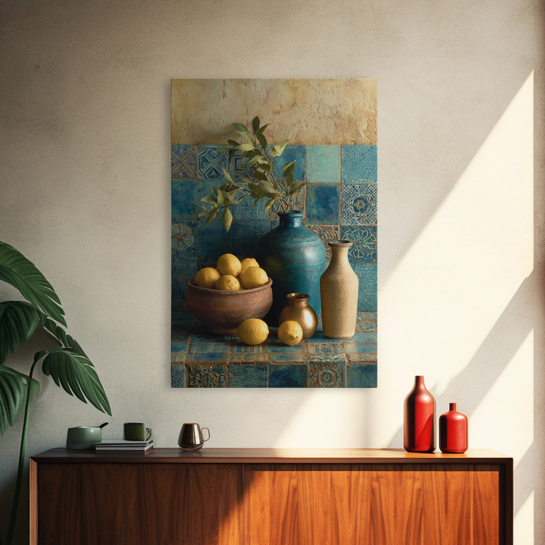 Mediterranean Lemons and Blue Tile Pattern Canvas Print, Patio Art, Metal Wall Art, Patio Decor, Outdoor, Coastal Wall Decor, PAT-2x3-58