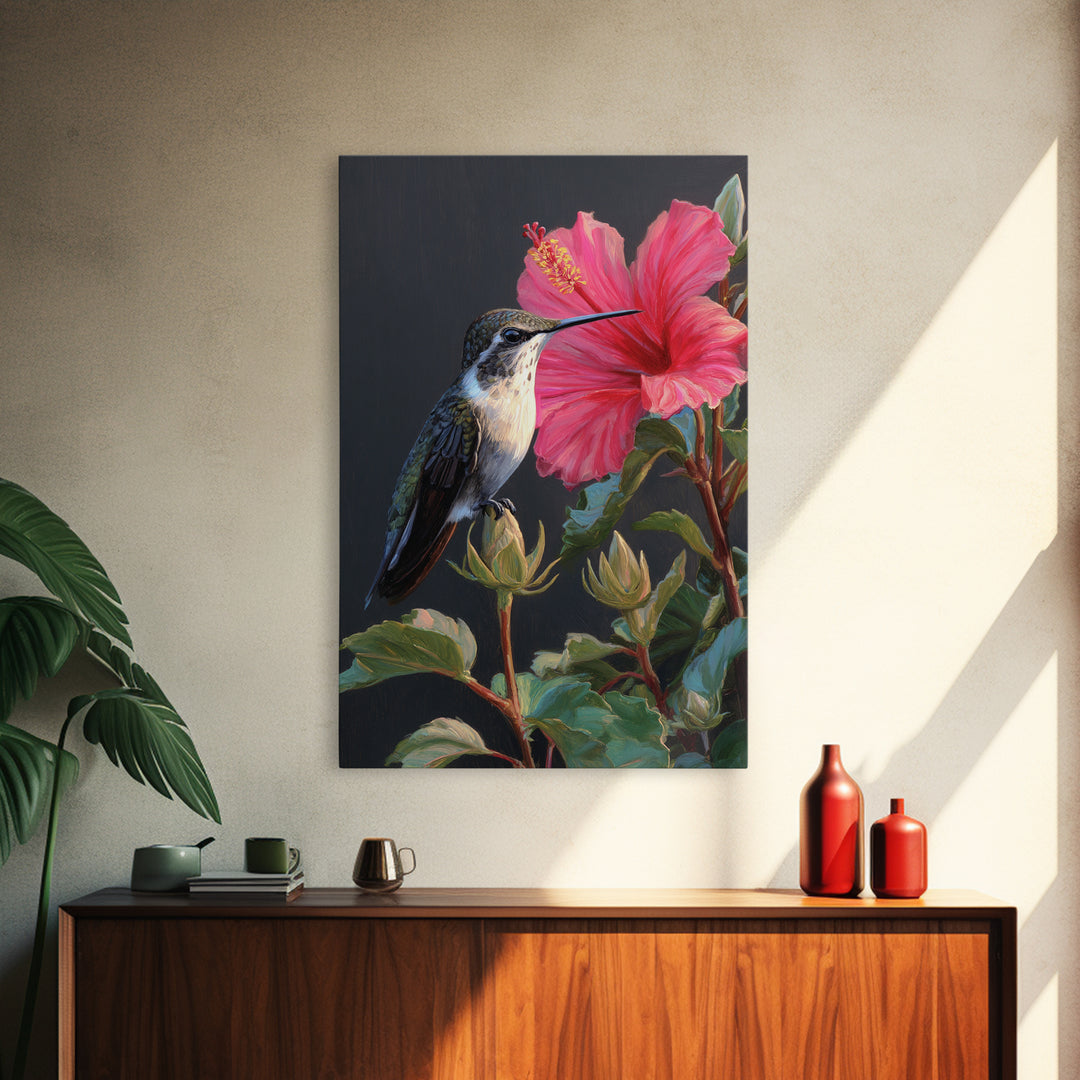Hummingbird Visiting Bright Hibiscus Framed Canvas Print, Patio Art, Decor, Patio Decor, Oil Painting, Outdoor, PAT-2x3-59