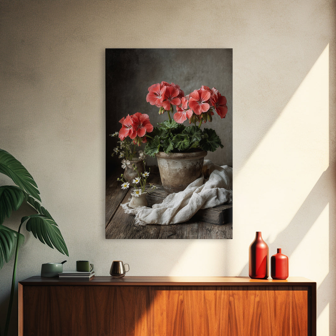 Potted Geraniums in Rustic Clay Pots Canvas Print, Patio Art, Wall Decor, Patio Decor, Fine Art, Outdoor, Coastal Decor, PAT-2x3-70