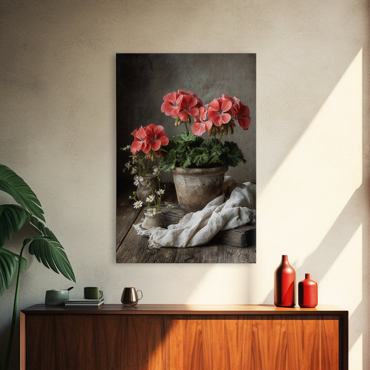 Potted Geraniums in Rustic Clay Pots Canvas Print, Patio Art, Wall Decor, Patio Decor, Fine Art, Outdoor, Coastal Decor, PAT-2x3-70