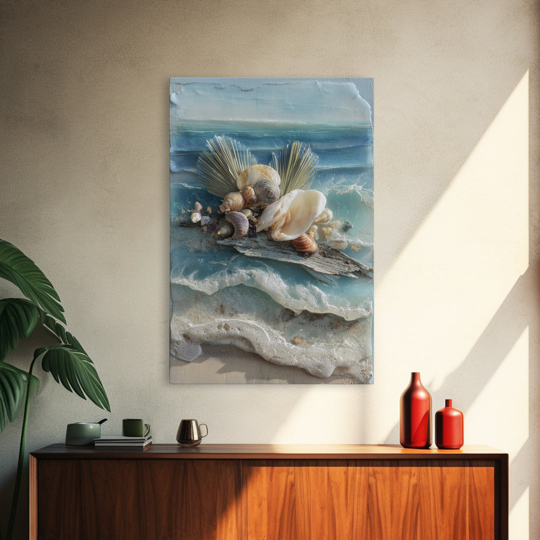 Beachy Shell and Palm Arrangement Framed Canvas Print, Patio Art, Garden Decor, Patio Decor, Fine Art, Outdoor, Beach Art, PAT-2x3-75