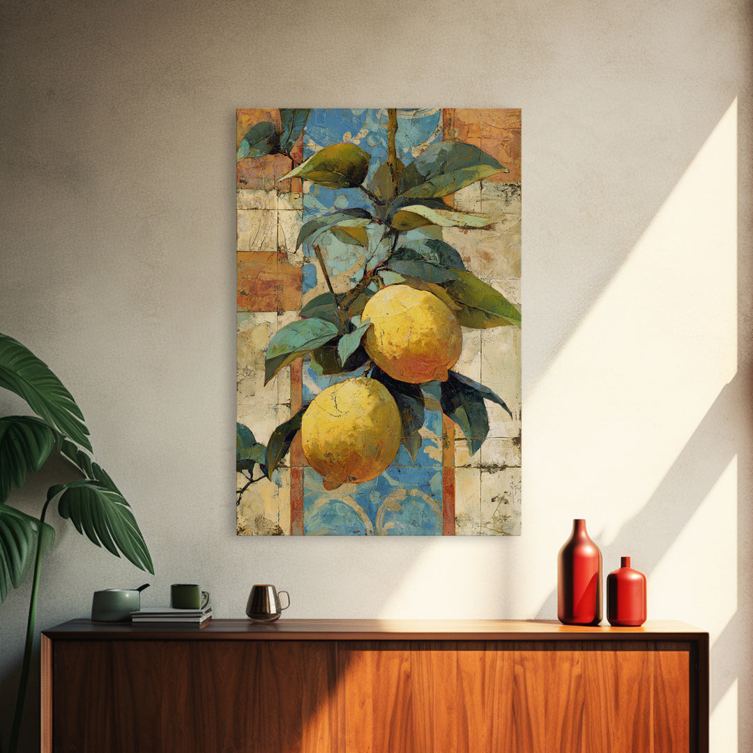 Mediterranean Lemons and Blue Tile Pattern Canvas Print, Patio Art, Metal Wall Art, Patio Decor, Outdoor, Coastal Wall Decor, PAT-2x3-82