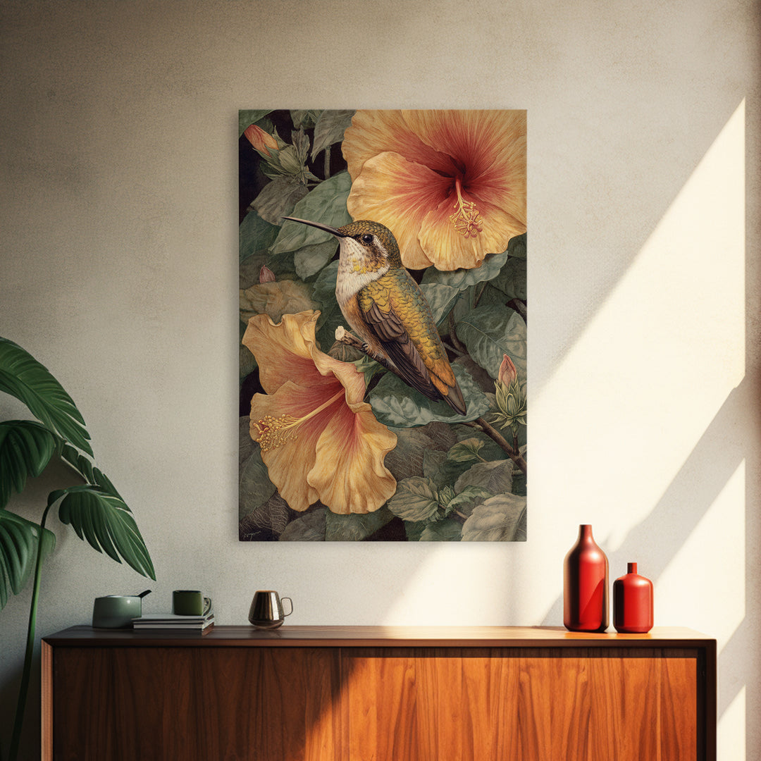 Hummingbird Visiting Bright Hibiscus Framed Canvas Print, Patio Art, Coastal Decor, Patio Decor, Abstract Art, Outdoor, PAT-2x3-83