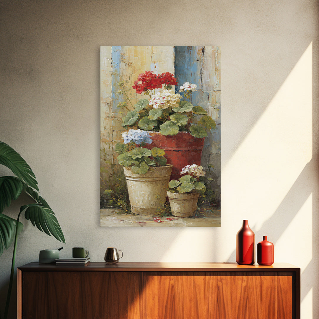 Potted Geraniums in Rustic Clay Pots Framed Canvas Print, Patio Art, Garden Art, Patio Decor, Outdoor, Beach House Decor, PAT-2x3-94