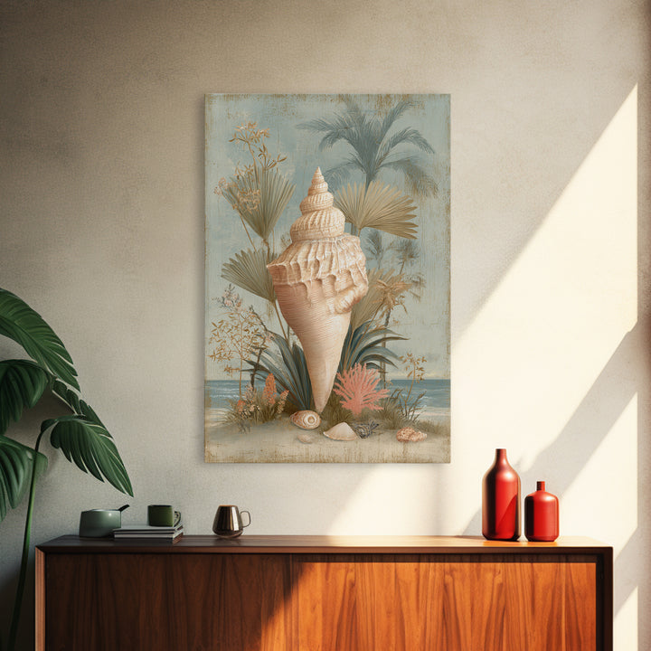 Beachy Shell and Palm Arrangement Canvas Print, Patio Art, Outdoor Wall Decor, Patio Decor, Fine Art, Outdoor, Yard Decor, PAT-2x3-99