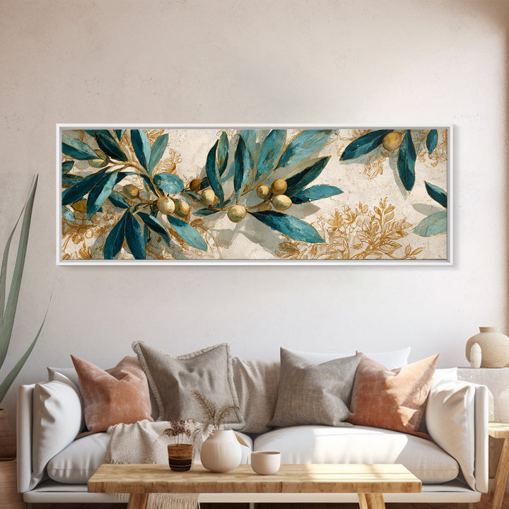 Olive Branch Wreath on Warm Plaster Framed Canvas Print, Patio Art, Floral Wall Art, Patio Decor, Outdoor, Mixed Media Art, PAT-3x1-1