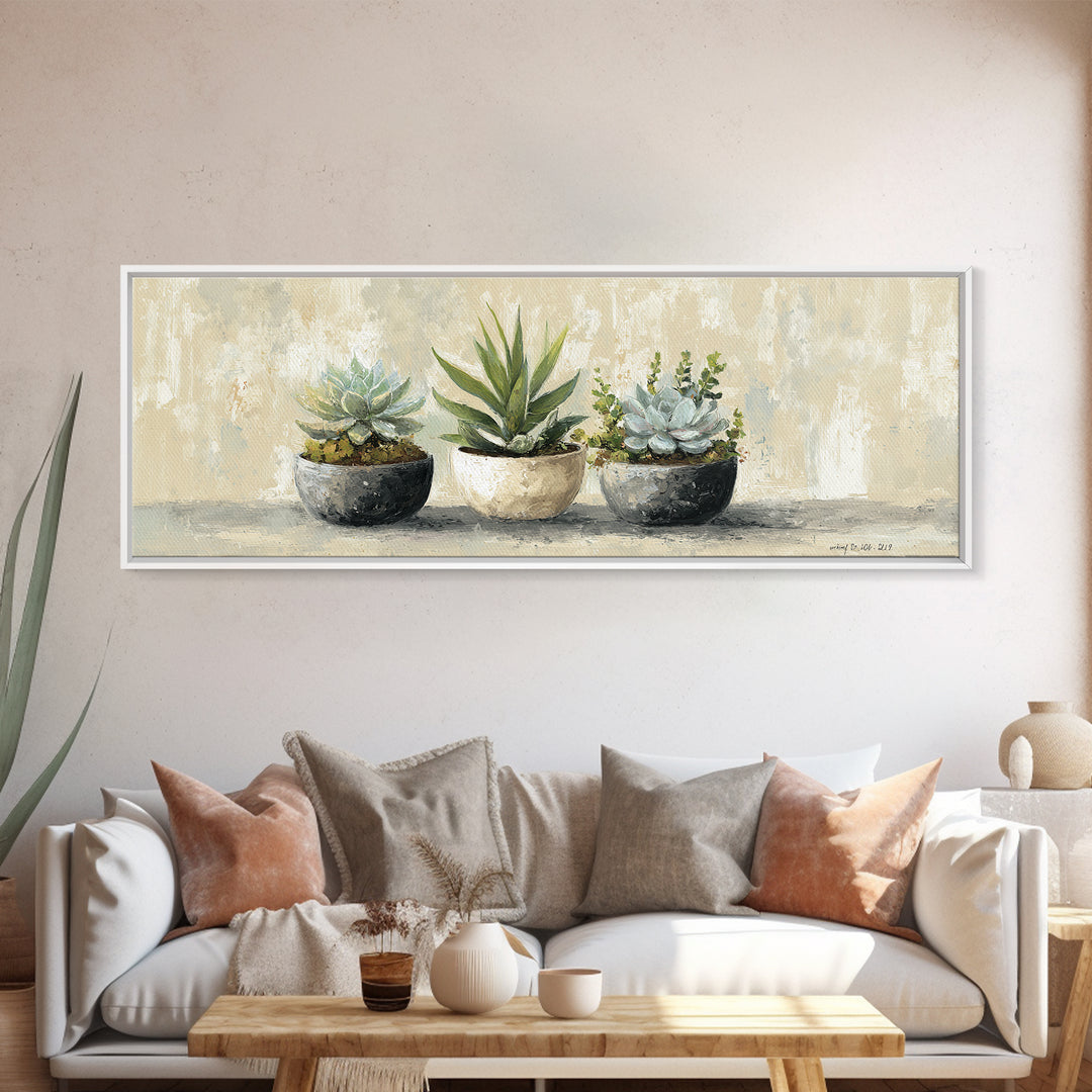 Succulent Collection in Ceramic Planters Canvas Print, Patio Art, Yard Art, Patio Decor, Fine Art, Outdoor, Lake House Decor, PAT-3x1-13
