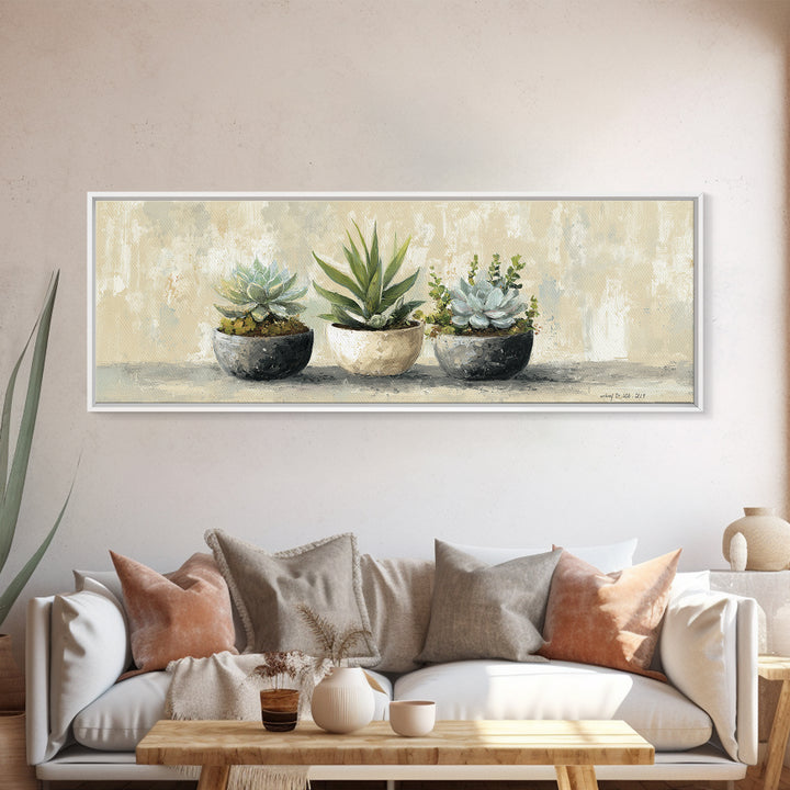 Succulent Collection in Ceramic Planters Canvas Print, Patio Art, Yard Art, Patio Decor, Fine Art, Outdoor, Lake House Decor, PAT-3x1-13
