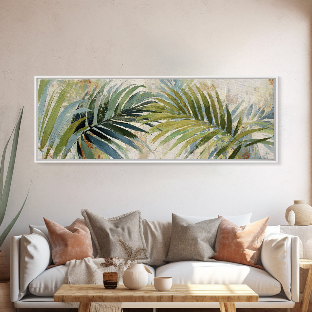 Tropical Palm Fronds Framed Canvas Print, Patio Art, Coastal Wall Decor, Patio Decor, Fine Art, Outdoor, Gallery Decor, PAT-3x1-17